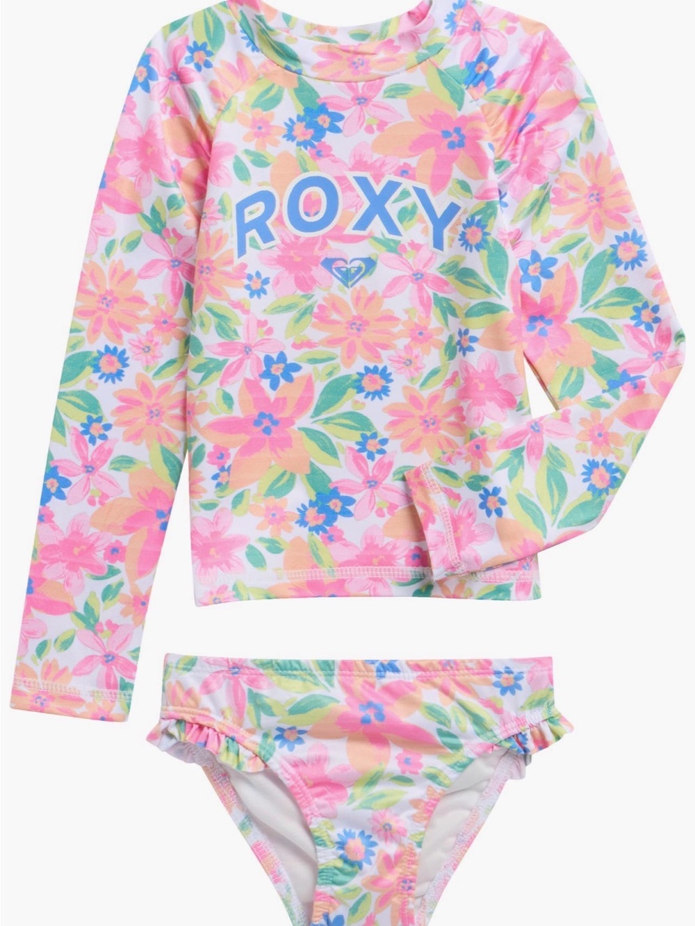 Roxy Girls Floral Pink Blue Green Long-Sleeve Rashguard Set. 4T